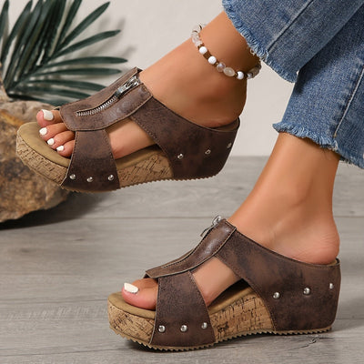 Katharina | Damen Bequeme Sandalen Keilabsatz Kork Plateau Offene Zehe Reißverschluss