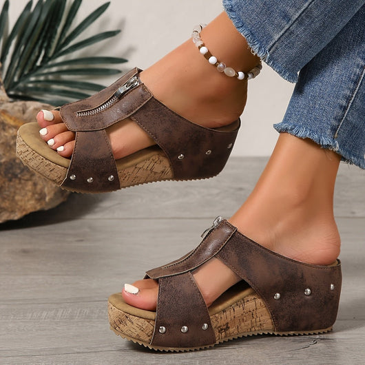 Katharina | Damen Bequeme Sandalen Keilabsatz Kork Plateau Offene Zehe Reißverschluss