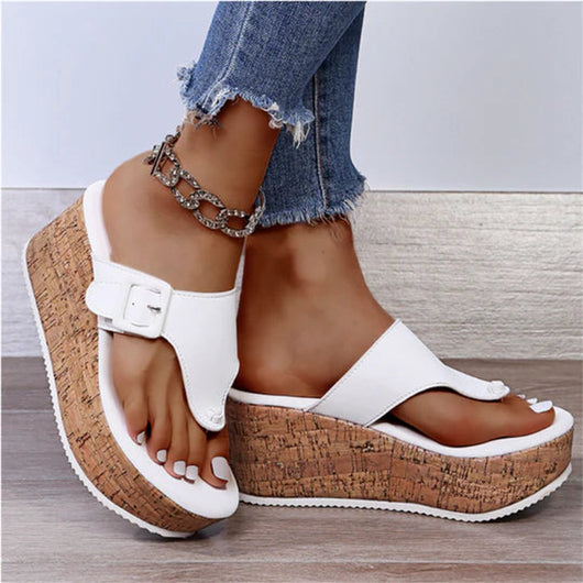 Marie | Damen Bequeme Sandalen Kork-Keilabsatz Zehentrenner Schleife