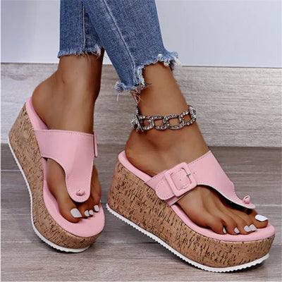 Marie | Damen Bequeme Sandalen Kork-Keilabsatz Zehentrenner Schleife
