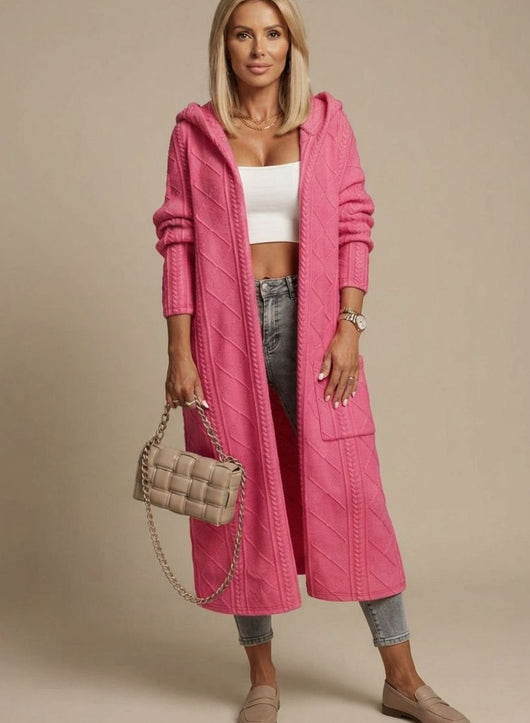 Clara | Damen Übergangsjacke lange Kapuzen-Strickjacke Baumwollmischung