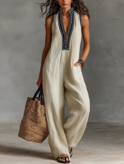 Annika | Damen Bestickter Ärmellose Linen Jumpsuit mit Stehkragen