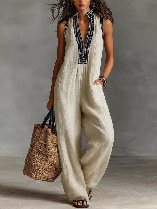 Annika | Damen Bestickter Ärmellose Linen Jumpsuit mit Stehkragen