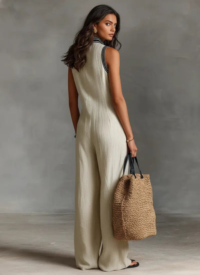 Annika | Damen Bestickter Ärmellose Linen Jumpsuit mit Stehkragen