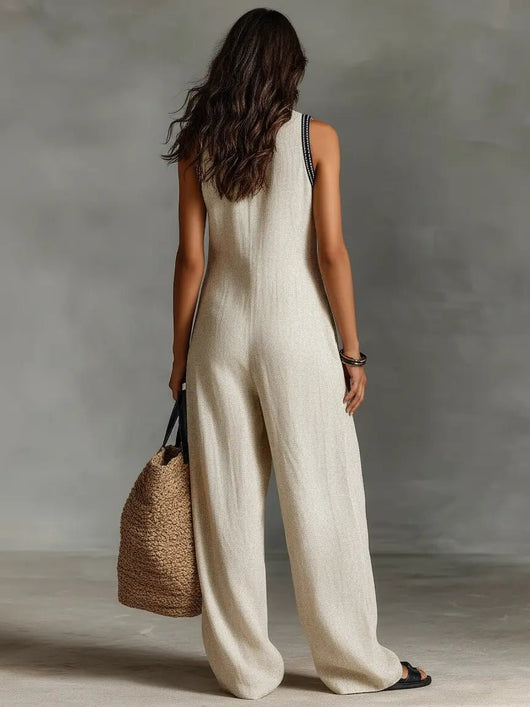 Annika | Damen Bestickter Ärmellose Linen Jumpsuit mit Stehkragen