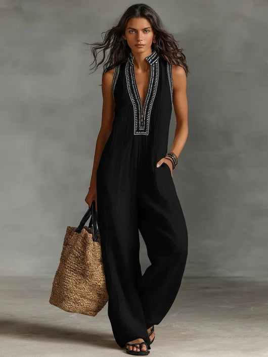 Annika | Damen Bestickter Ärmellose Linen Jumpsuit mit Stehkragen