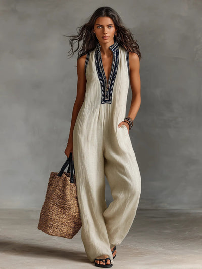 Annika | Damen Bestickter Ärmellose Linen Jumpsuit mit Stehkragen