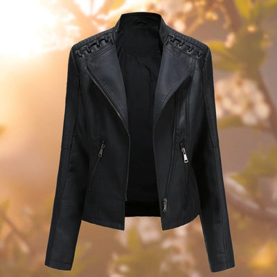 Elisabeth | Damen Bikerjacke Kunstleder Reißverschluss Schulterdetail