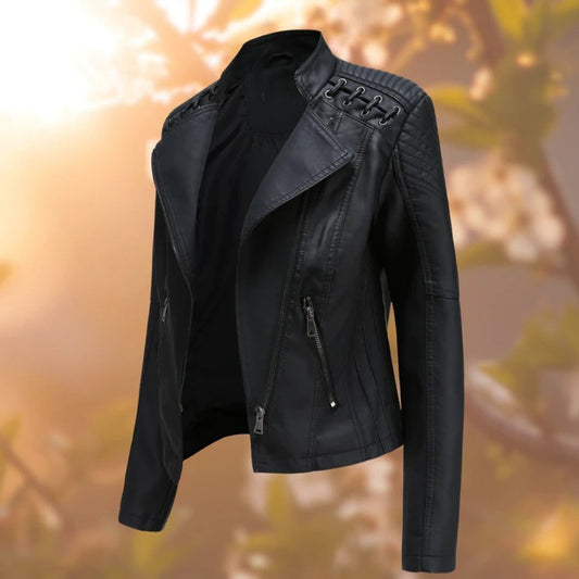Elisabeth | Damen Bikerjacke Kunstleder Reißverschluss Schulterdetail