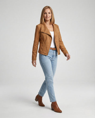 Nora | Damen Bikerjacke Kunstleder Wildlook asymmetrischer Reißverschluss