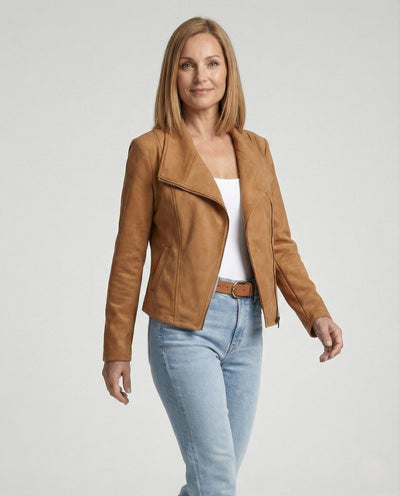 Nora | Damen Bikerjacke Kunstleder Wildlook asymmetrischer Reißverschluss