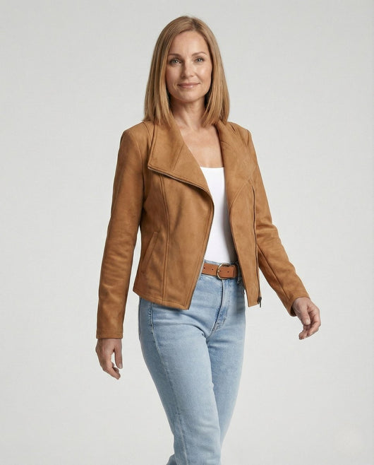 Nora | Damen Bikerjacke Kunstleder Wildlook asymmetrischer Reißverschluss