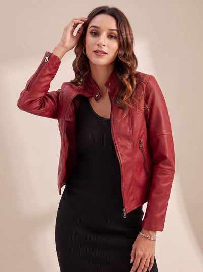 Lena | Damen Bikerjacke Taillierte Kunstleder Jacke mit Stehkragen
