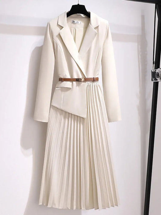 Emilia | Damen Blazer-Style Midi-Kleid mit Plisseerock und Gürtel