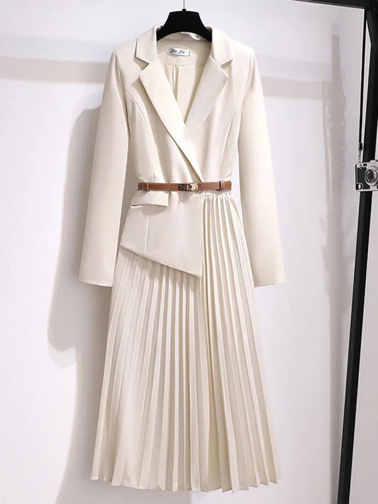 Emilia | Damen Blazer-Style Midi-Kleid mit Plisseerock und Gürtel