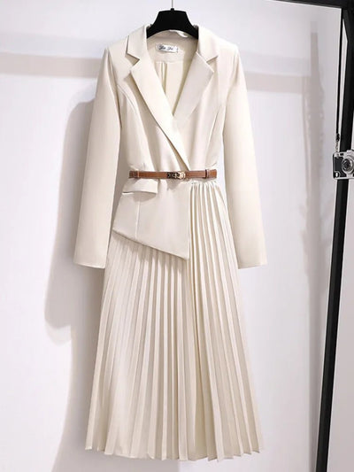 Emilia | Damen Blazer-Style Midi-Kleid mit Plisseerock und Gürtel
