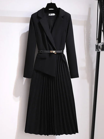 Emilia | Damen Blazer-Style Midi-Kleid mit Plisseerock und Gürtel