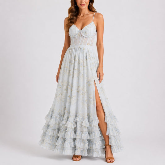 Luisa | Damen Blumen Korsett Maxi Kleid Hochzeitsgast Herbst Abendkleid