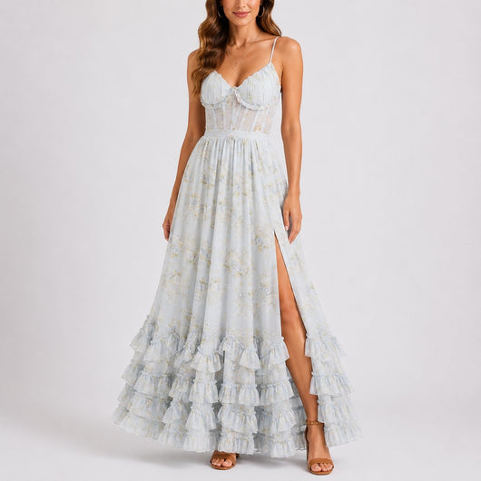 Luisa | Damen Blumen Korsett Maxi Kleid Hochzeitsgast Herbst Abendkleid