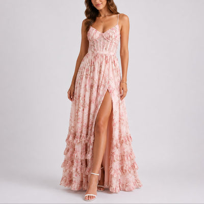 Luisa | Damen Blumen Korsett Maxi Kleid Hochzeitsgast Herbst Abendkleid