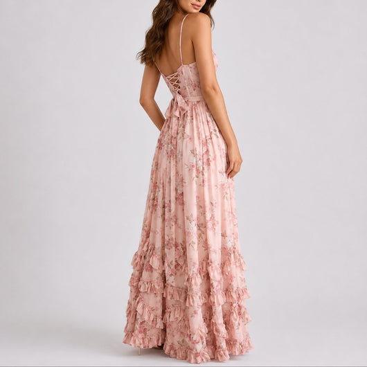 Luisa | Damen Blumen Korsett Maxi Kleid Hochzeitsgast Herbst Abendkleid