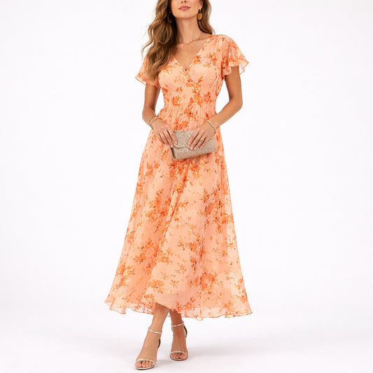 Clara | Damen Blumen Maxi Hochzeitsgast Kleid Fließend V-Ausschnitt