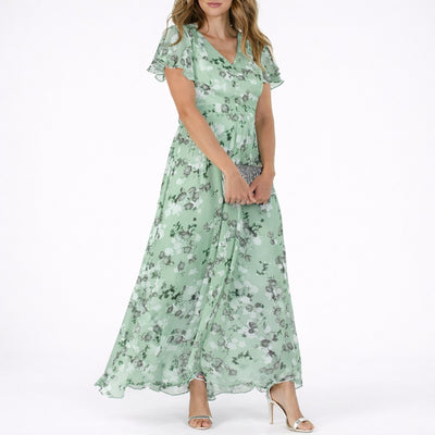 Clara | Damen Blumen Maxi Hochzeitsgast Kleid Fließend V-Ausschnitt
