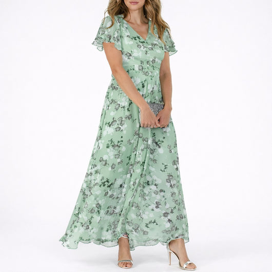 Clara | Damen Blumen Maxi Hochzeitsgast Kleid Fließend V-Ausschnitt