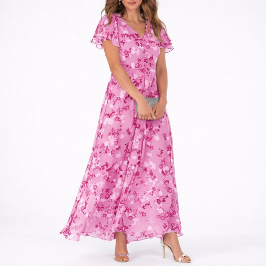 Clara | Damen Blumen Maxi Hochzeitsgast Kleid Fließend V-Ausschnitt