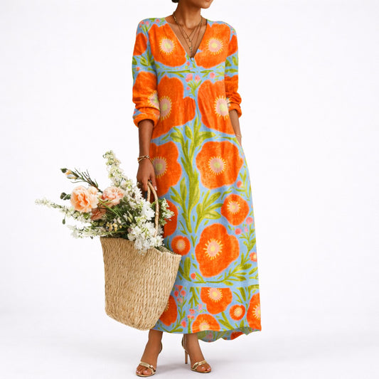 Lena | Damen Blumen Maxi Hochzeitskleid Elegantes V-Ausschnitt Abendkleid