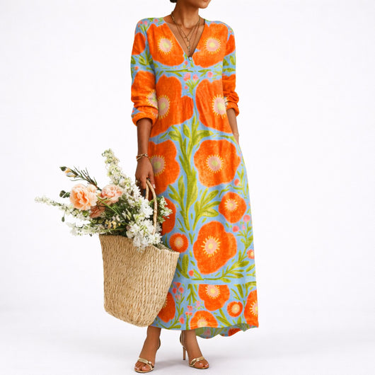 Lena | Damen Blumen Maxi Hochzeitskleid Elegantes V-Ausschnitt Abendkleid