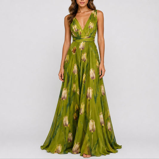 Annika | Damen Blumen Maxi Hochzeitskleid Gast tief V-Ausschnitt Chiffon