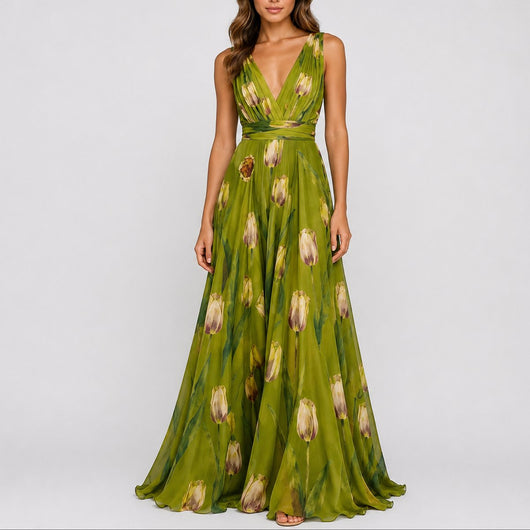 Annika | Damen Blumen Maxi Hochzeitskleid Gast tief V-Ausschnitt Chiffon