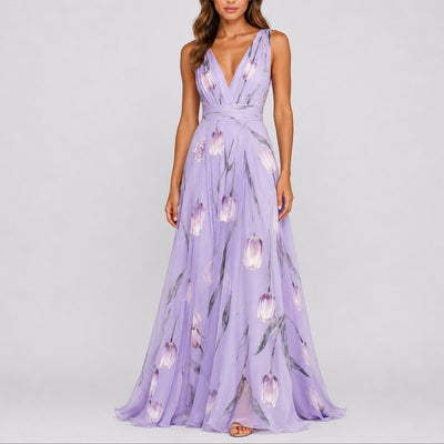 Annika | Damen Blumen Maxi Hochzeitskleid Gast tief V-Ausschnitt Chiffon
