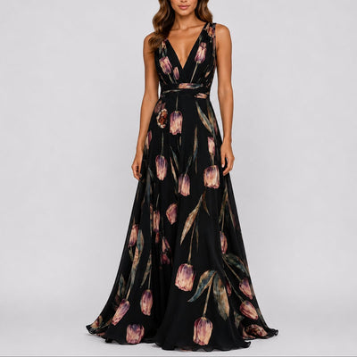 Annika | Damen Blumen Maxi Hochzeitskleid Gast tief V-Ausschnitt Chiffon