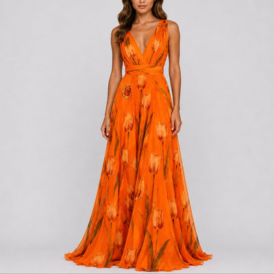 Annika | Damen Blumen Maxi Hochzeitskleid Gast tief V-Ausschnitt Chiffon