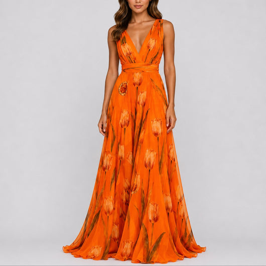 Annika | Damen Blumen Maxi Hochzeitskleid Gast tief V-Ausschnitt Chiffon
