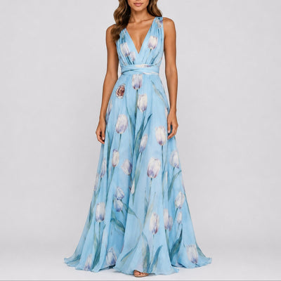 Annika | Damen Blumen Maxi Hochzeitskleid Gast tief V-Ausschnitt Chiffon