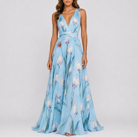 Annika | Damen Blumen Maxi Hochzeitskleid Gast tief V-Ausschnitt Chiffon