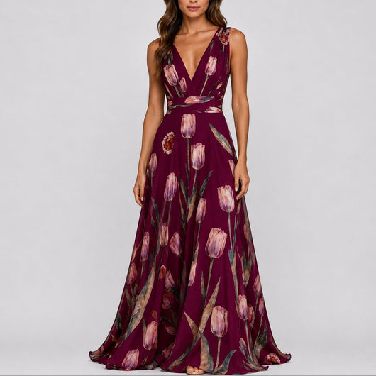 Annika | Damen Blumen Maxi Hochzeitskleid Gast tief V-Ausschnitt Chiffon