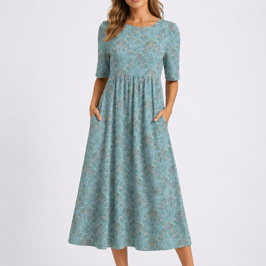 Johanna | Damen Blumen Midi Kleid für Herbst Hochzeitsgäste mit Rundhals