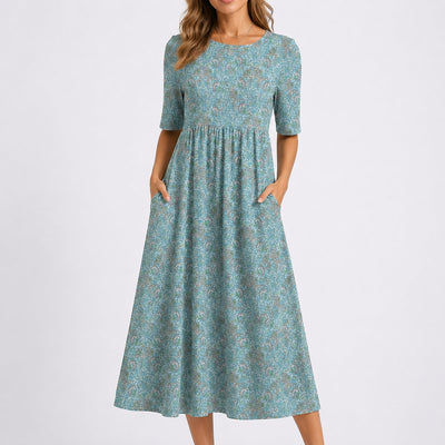 Johanna | Damen Blumen Midi Kleid für Herbst Hochzeitsgäste mit Rundhals