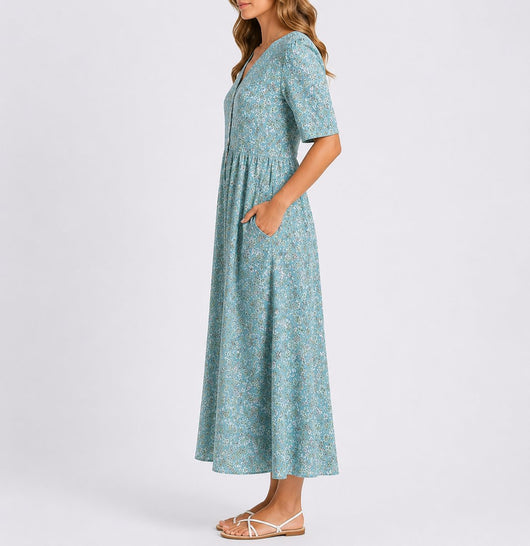 Johanna | Damen Blumen Midi Kleid für Herbst Hochzeitsgäste mit Rundhals