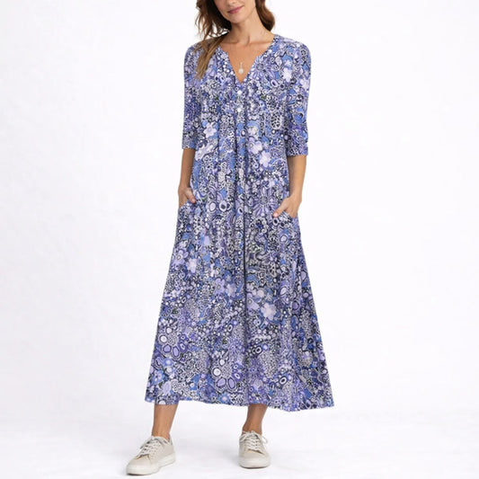 Clara | Damen Blumen Midi Kleid für Hochzeitsgäste im Herbst V-Ausschnitt