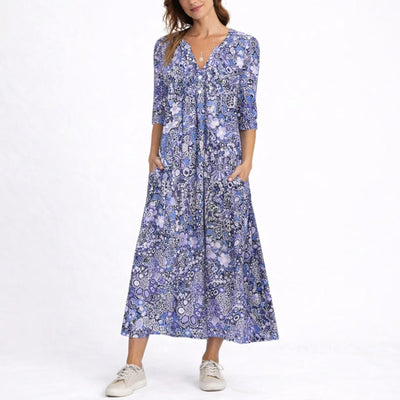 Clara | Damen Blumen Midi Kleid für Hochzeitsgäste im Herbst V-Ausschnitt