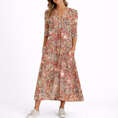 Clara | Damen Blumen Midi Kleid für Hochzeitsgäste im Herbst V-Ausschnitt