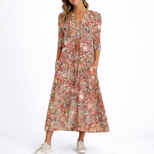 Clara | Damen Blumen Midi Kleid für Hochzeitsgäste im Herbst V-Ausschnitt