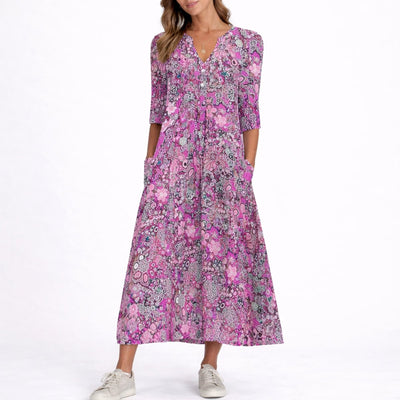 Clara | Damen Blumen Midi Kleid für Hochzeitsgäste im Herbst V-Ausschnitt