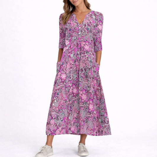 Clara | Damen Blumen Midi Kleid für Hochzeitsgäste im Herbst V-Ausschnitt