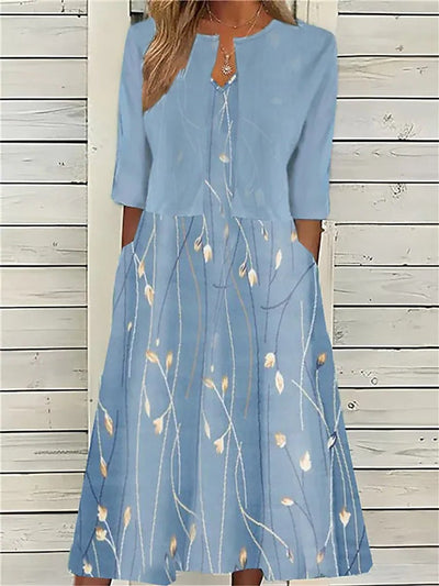Emilia | Damen Blumen Midi Kleid mit Rundhals Halbarm und Seitentaschen